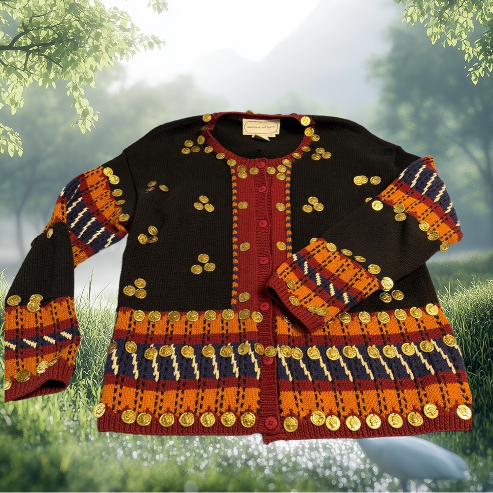 Vintage 1986 Adrienne Vittadini Black & Red Cardigan with Gold Coin Accents